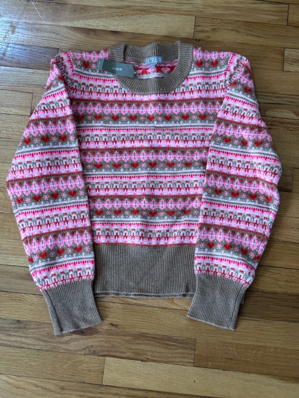 NWT J. Crew Pink Fair Isle Crewneck Sweater Hearts